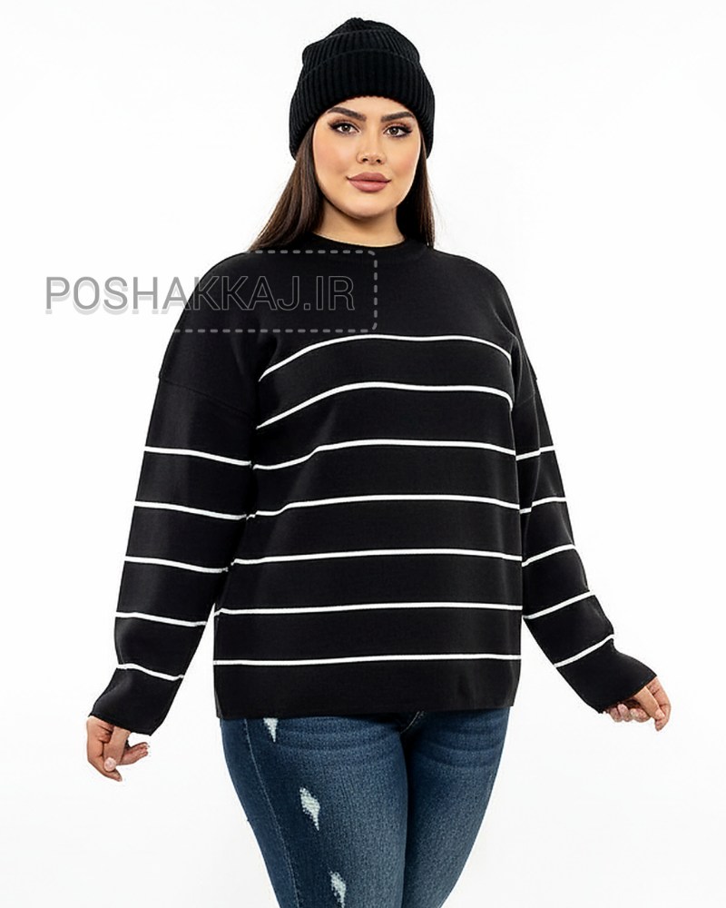 بلوز بافت زنانه سایز بزرگ مشکی راه راه ریز یقه گرد آستین بلند پلاس کد 1880