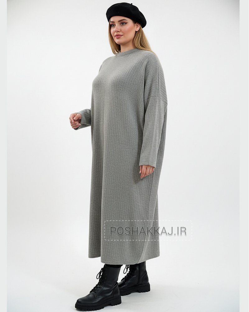 کفتان بافت بلند سایز بزرگ پلاس یقه گرد آستین بلند کش بافت طرح خطی زنانه کد1881