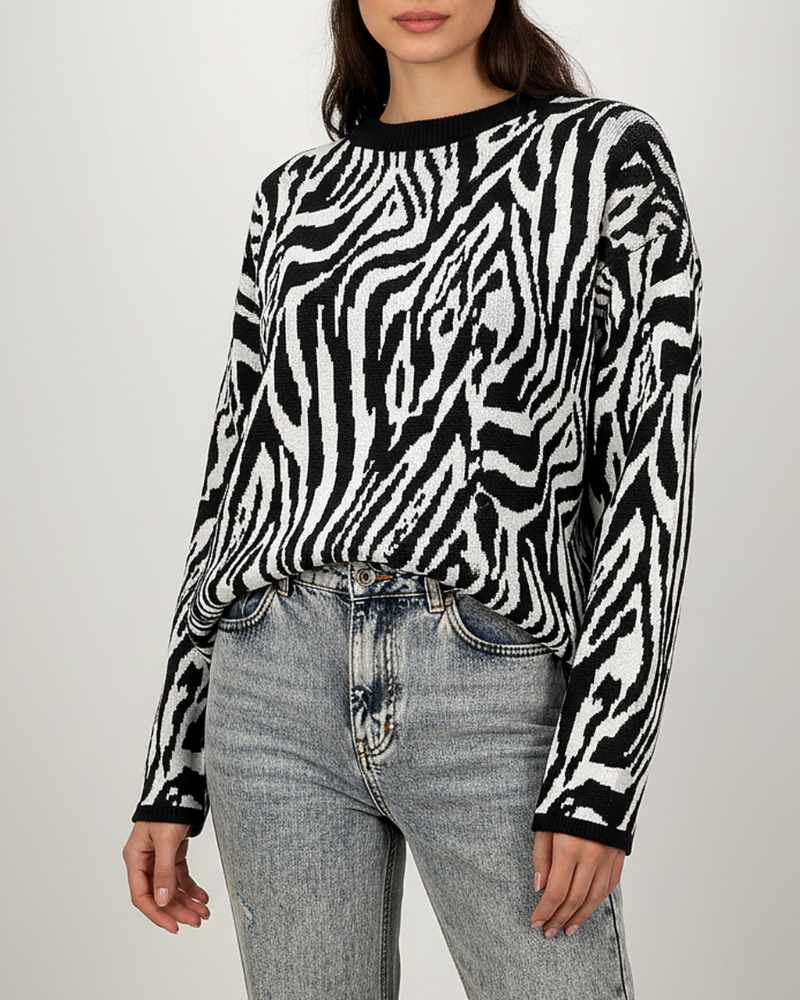 تونیک بافت زنانه طرح زبرا آستین بلند یقه گرد ریز بافت کد 1903