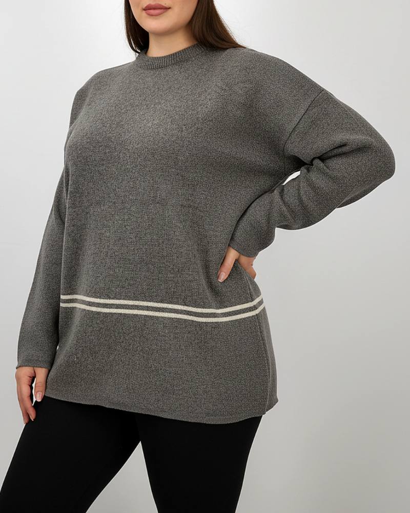 بلوز بافت زنانه سایز بزرگ پلاس پایین 2 خط یقه گرد آستین بلند کد 1912