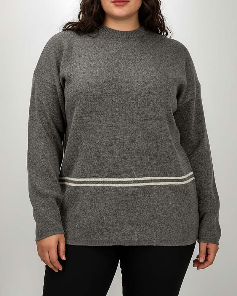 بلوز بافت زنانه سایز بزرگ پلاس پایین 2 خط یقه گرد آستین بلند کد 1912