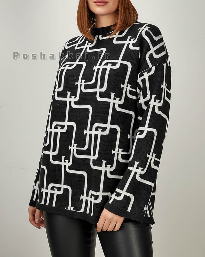 بلوز بافت زنانه طرح اشکال هندسی یقه گرد آستین بلند کد 1914