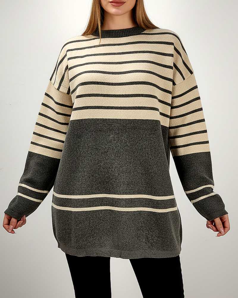 بلوز بافت زنانه لش بالا راه راه پایین دو خط آستین بلند یقه گرد کد 1915