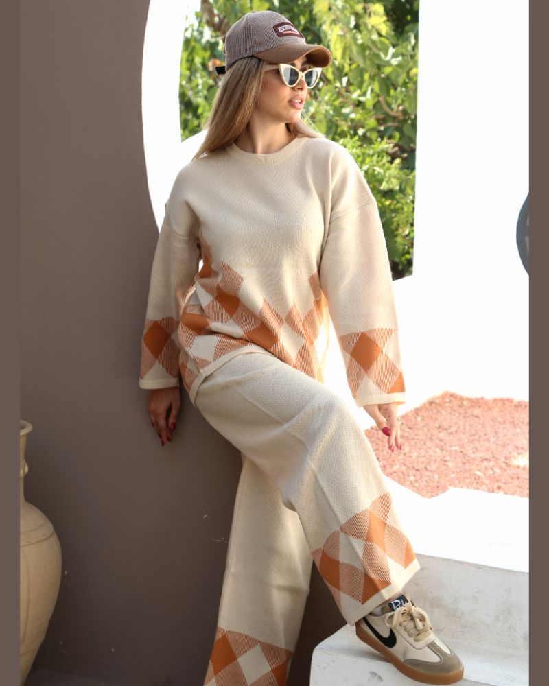 ست بافت زنانه دمپا طرح لوزی یقه گرد آستین بلند ریز بافت کد 1917