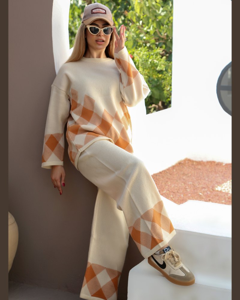 ست بافت زنانه دمپا طرح لوزی یقه گرد آستین بلند ریز بافت کد 1917