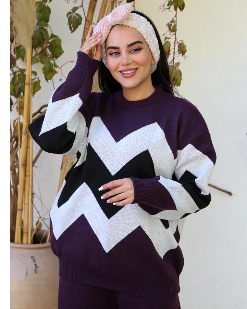 بلوز بافت زنانه طرح هفت و هشتی یقه گرد آستین بلند رنگ ترکیبی ریز بافت کد 1926