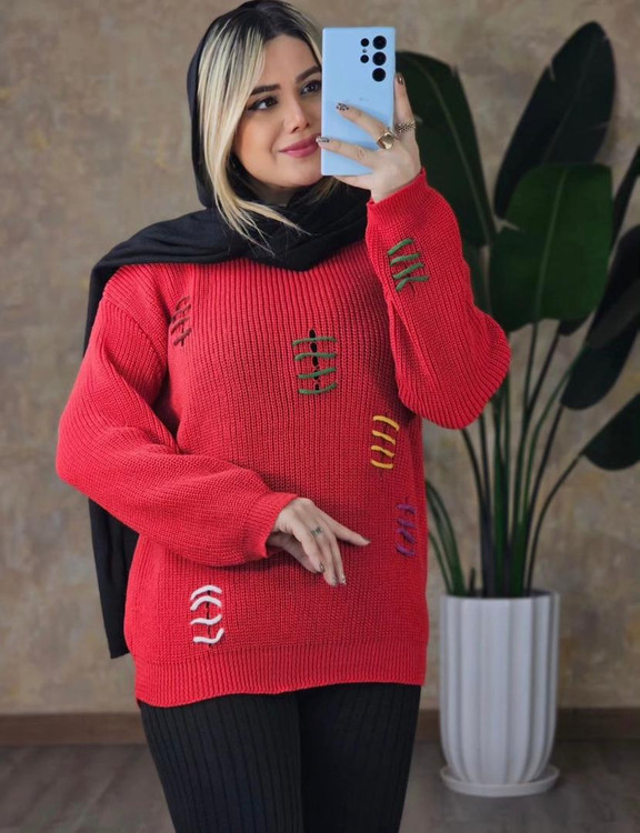 بلوز بافت زنانه طرح بخیه های رنگی آستین بلند یقه گرد لش کد 1934