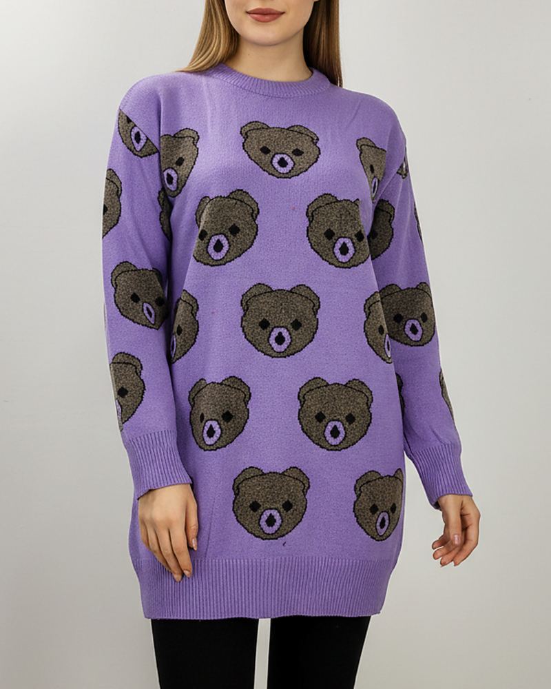 تونیک بافت زنانه طرح خرس تدی یقه گرد آستین بلند ریز بافت کد 1938