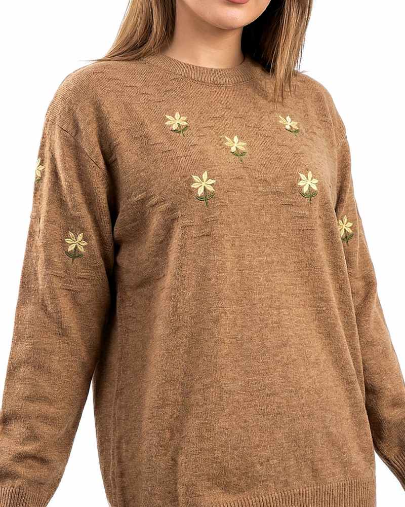 بلوز بافت زنانه گلدوزی گل شاخه ای یقه گرد آستین بلند ریز بافت کد 1939