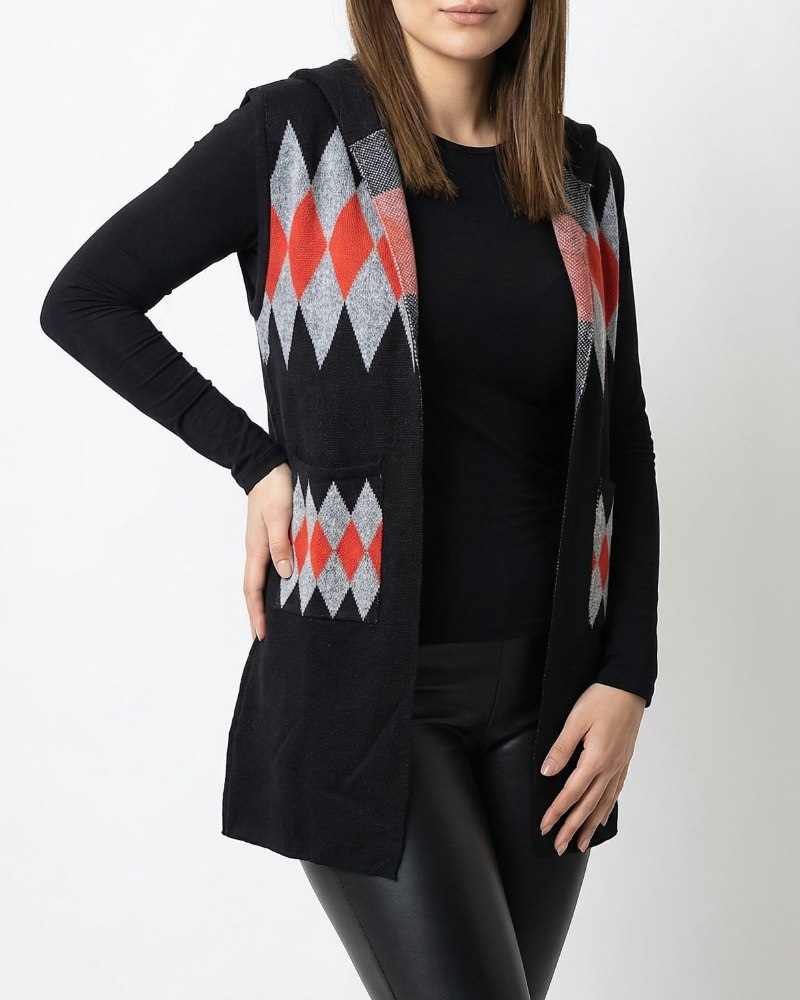 ژیله بافت زنانه بلند کلاه دار طرح لوزی جیب دار کد 1944