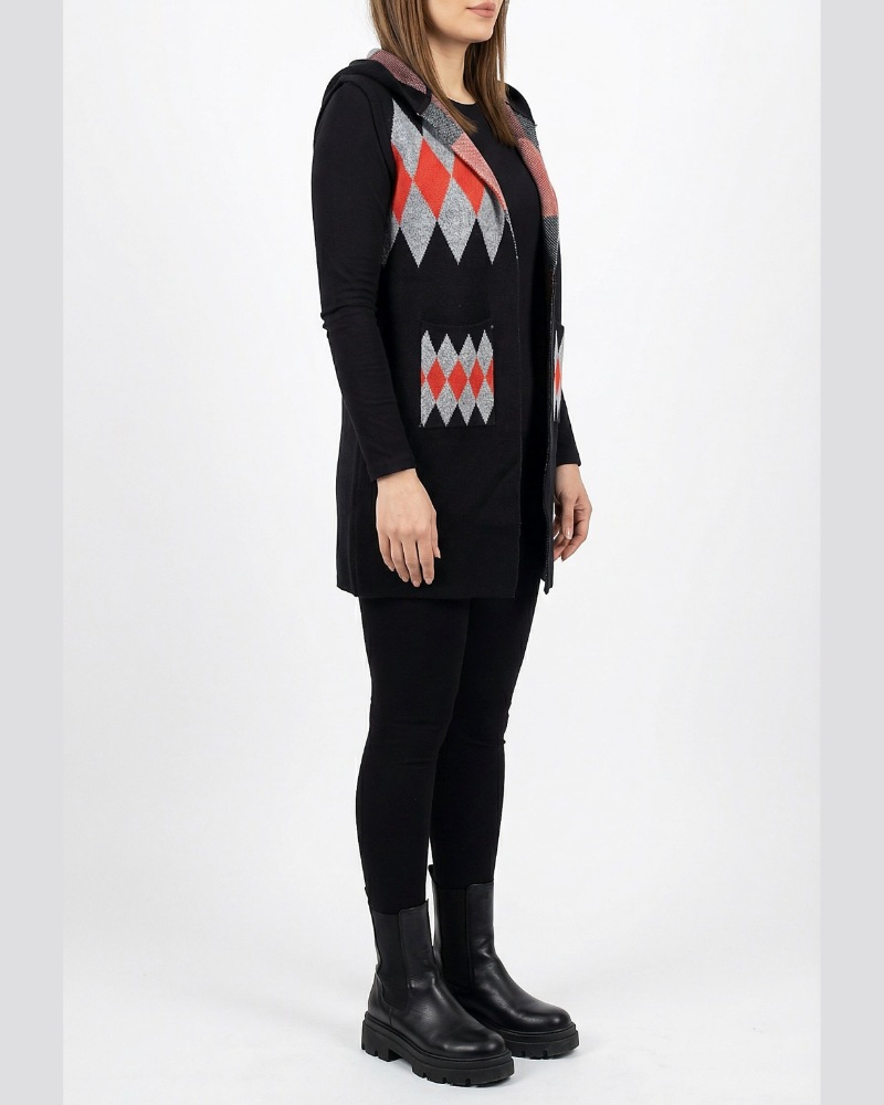 ژیله بافت زنانه بلند کلاه دار طرح لوزی جیب دار کد 1944