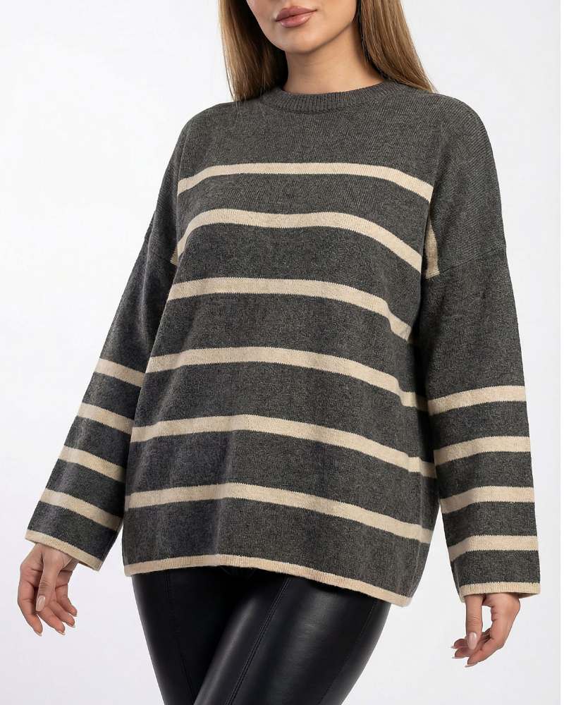 بلوز بافت زنانه راه راه درشت آستین بلند یقه گرد کد 1949