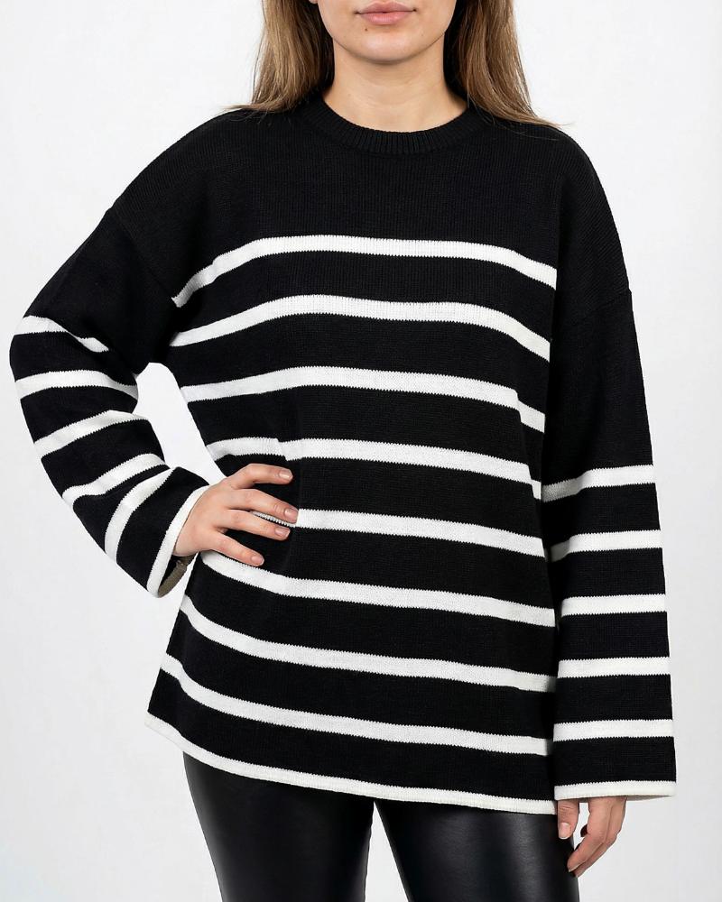 بلوز بافت زنانه راه راه درشت آستین بلند یقه گرد کد 1949