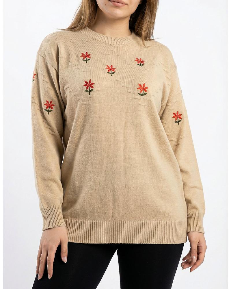 بلوز بافت زنانه گلدوزی گل شاخه ای یقه گرد آستین بلند ریز بافت کد 1939