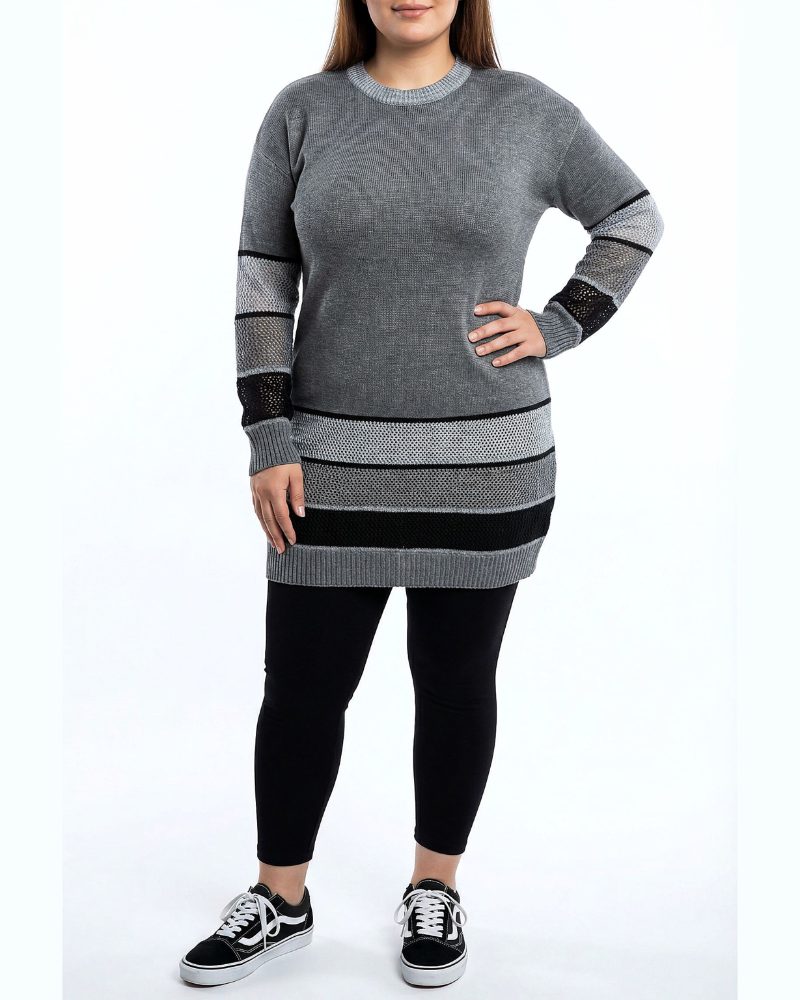 تونیک بافت زنانه سایز بزرگ پلاس آستین بلند پایین و مچ طرح زنبوری کد 1950