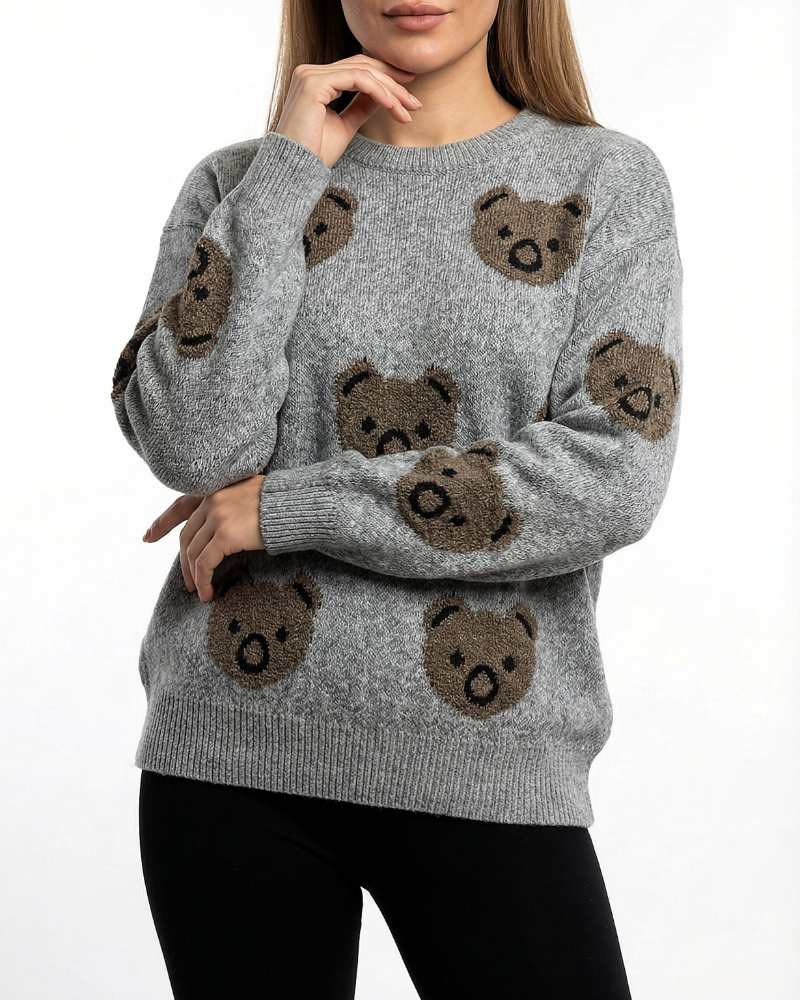 بلوز بافت زنانه خرس تدی برجسته شنل دوزی یقه گرد آستین بلند کد 1945