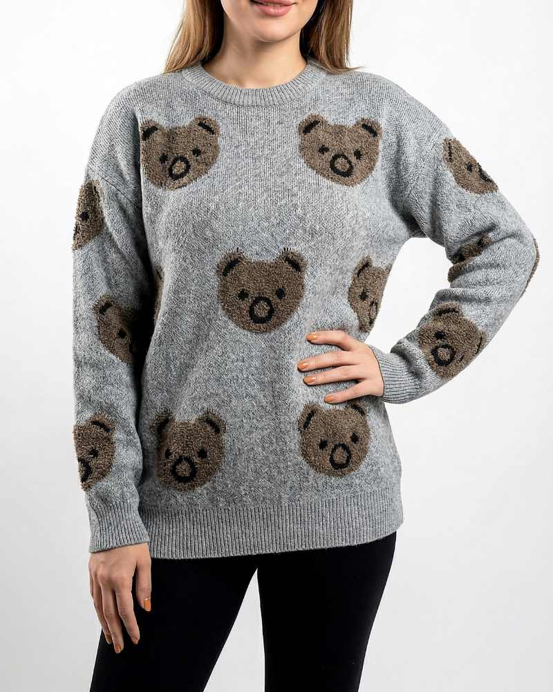 بلوز بافت زنانه خرس تدی برجسته شنل دوزی یقه گرد آستین بلند کد 1945