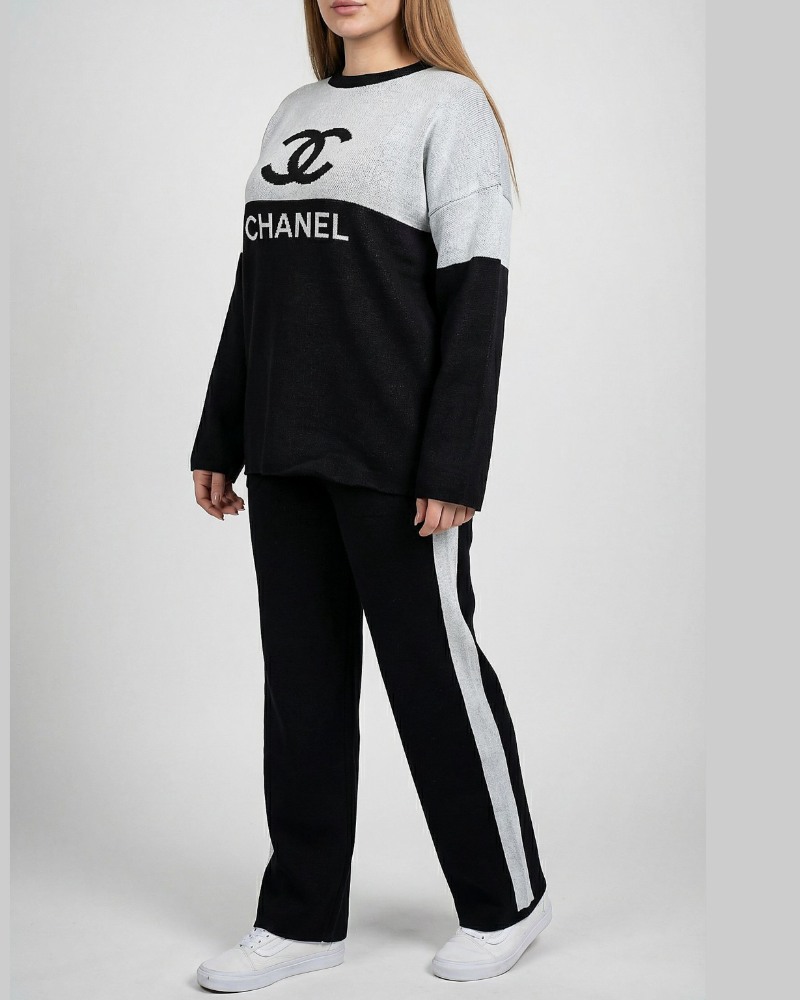 ست بافت زنانه بلوز شلوار دو رنگ طرح چنل chanel آستین بلند شلوار بغل خط کد 1933