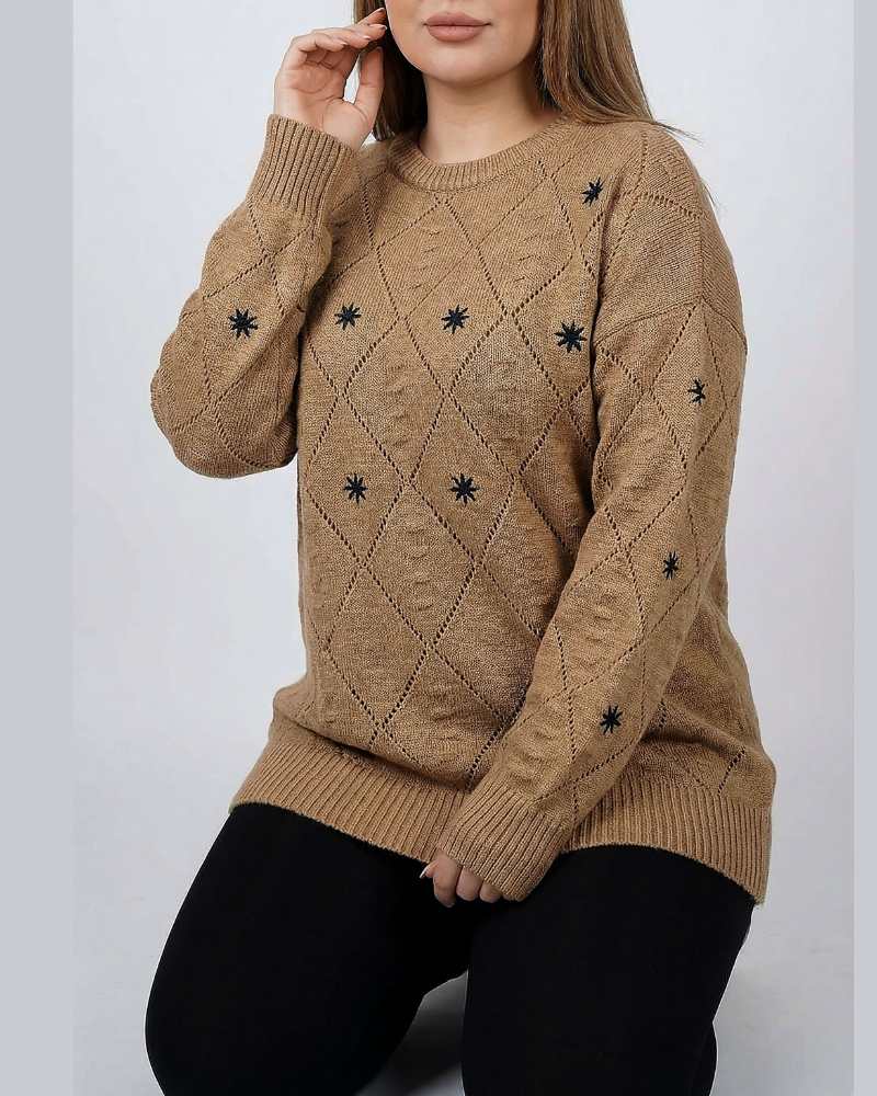 بلوز بافت زنانه ذوزنقه ای گلدوزی ستاره یقه گرد آستین بلند کد 1952