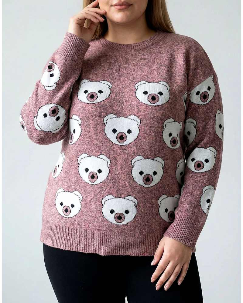 بلوز بافت زنانه ریز بافت طرح خرس تدی یقه گرد آستین بلند کد 1959