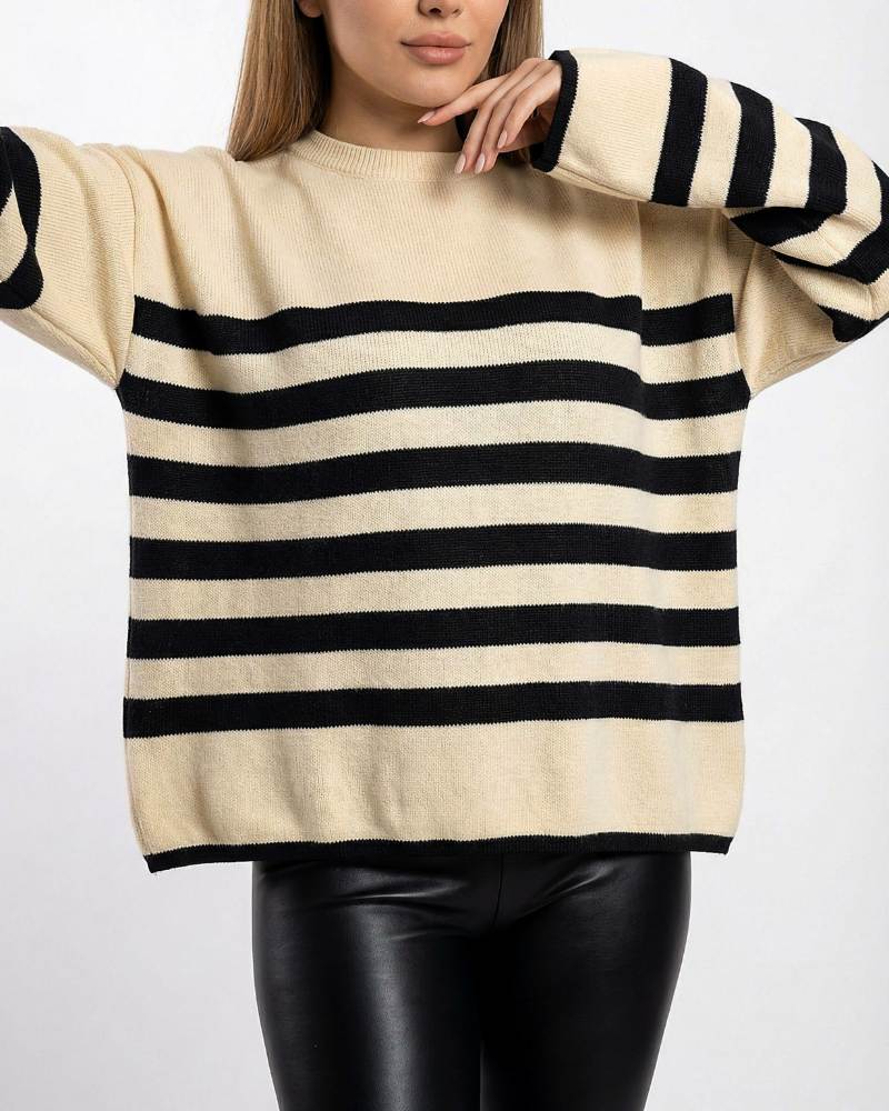 بلوز بافت زنانه قواره باکسی راه راه خط درشت آستین بلند کد 1960