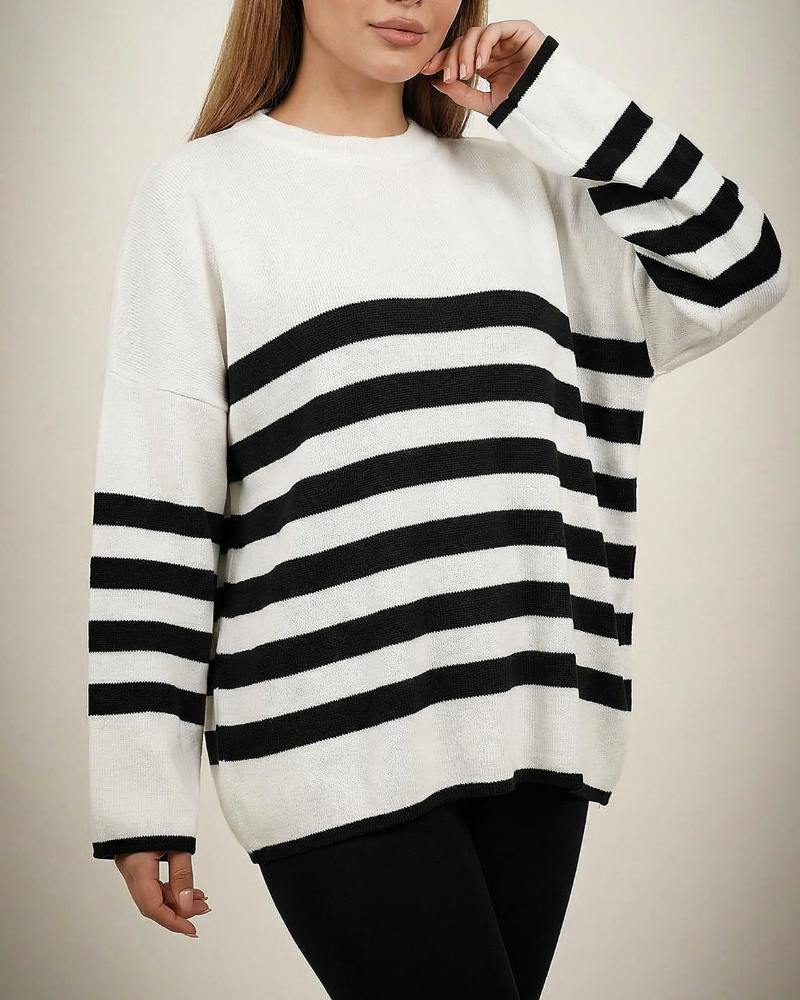 بلوز بافت زنانه قواره باکسی راه راه خط درشت آستین بلند کد 1960