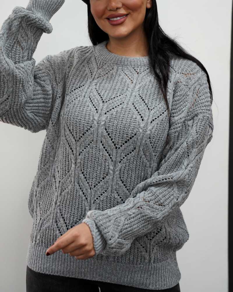 بلوز بافت زنانه طرح برگی یقه گرد آستین بلند کد 1954