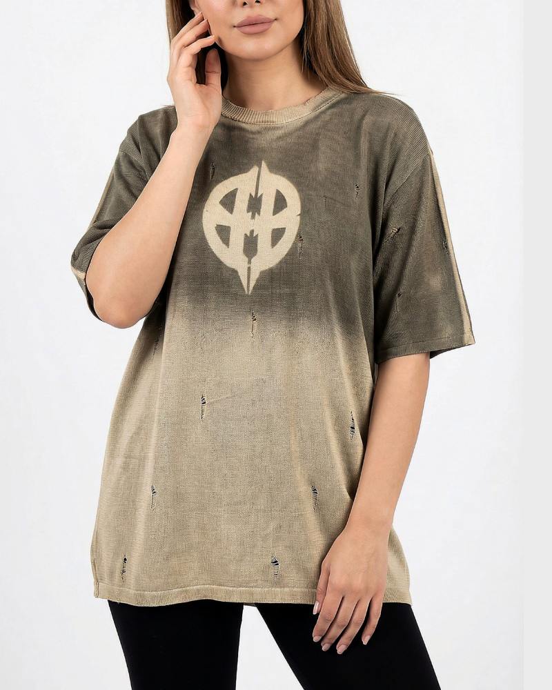 تیشرت زنانه لش چاپ پیستوله زاپ دار یقه گرد نخ ترویرا کد 1985