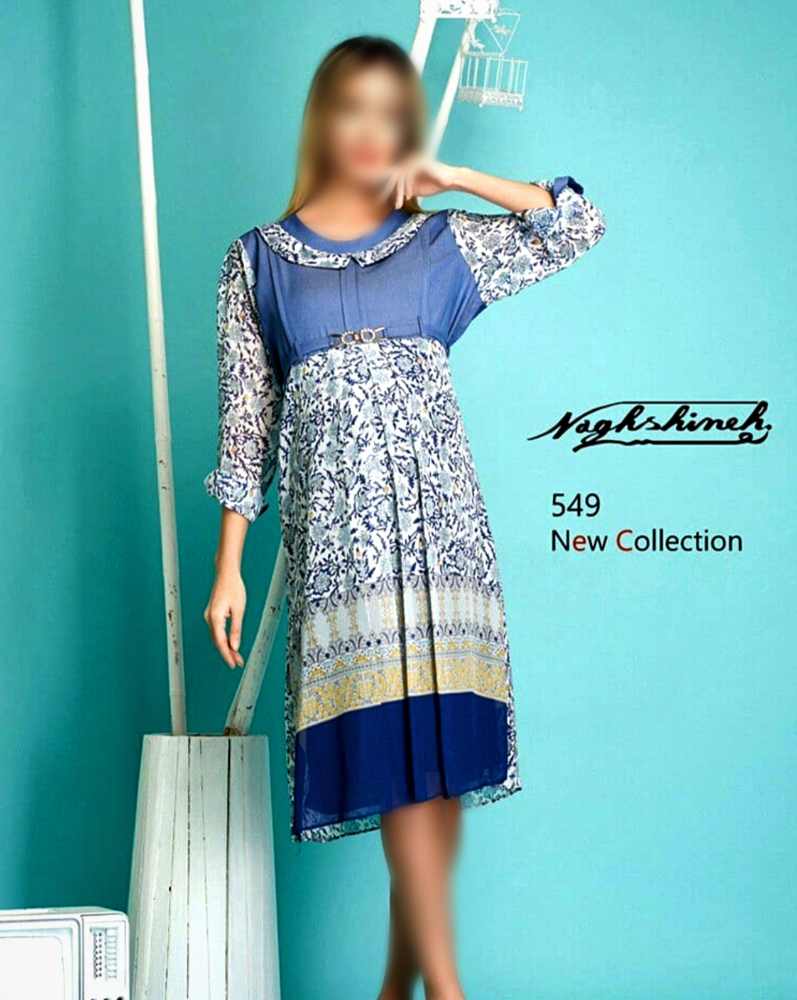پیراهن کوتاه بارداری و شیردهی آستین بلند پارچه ترکیبی تنسل و حریر کمربند دار کد 0798