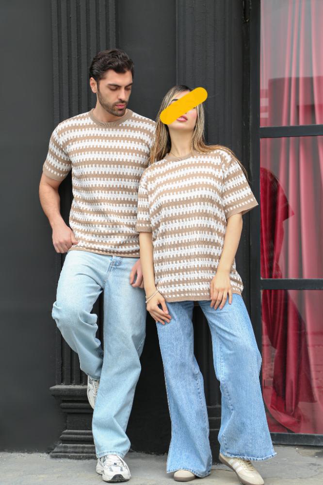 تیشرت لش یقه گرد راه راه درشت طرح دنده ای مردانه و زنانه کد1835