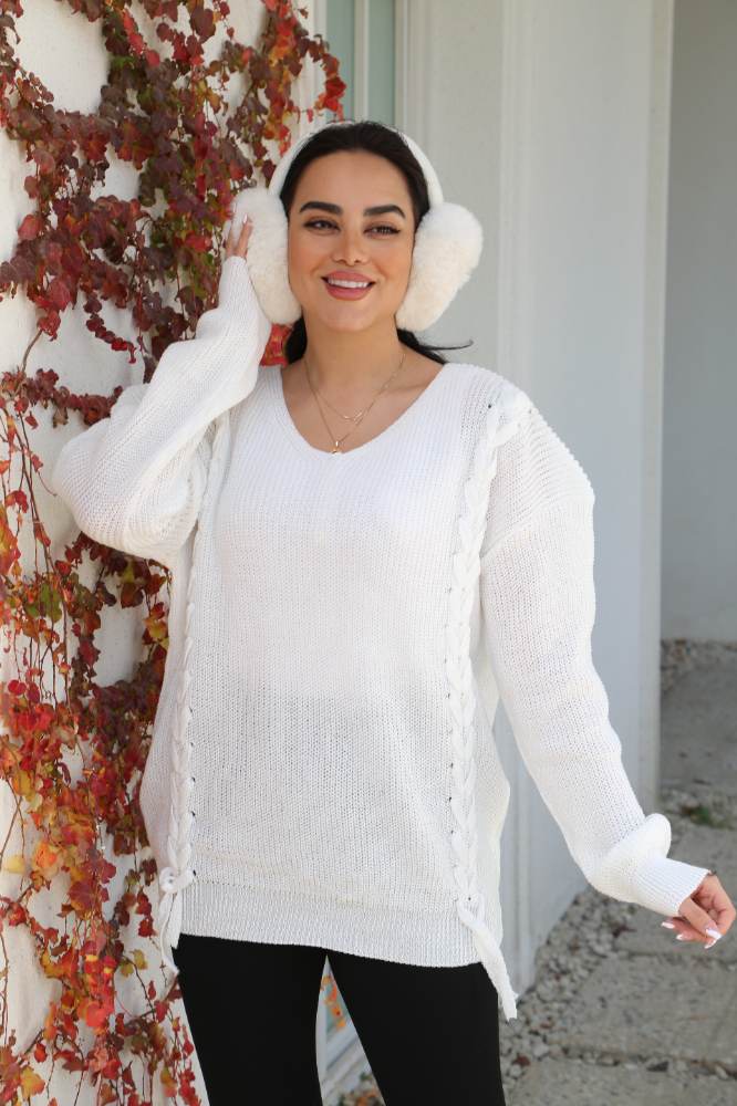 بلوز بافت لش یقه هفت دو طرف گیس بافت جلو بسته آستین بلند پایین کش بافت زنانه کد 1854