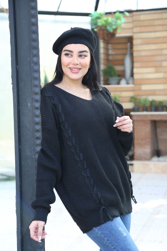 بلوز بافت لش یقه هفت دو طرف گیس بافت جلو بسته آستین بلند پایین کش بافت زنانه کد 1854