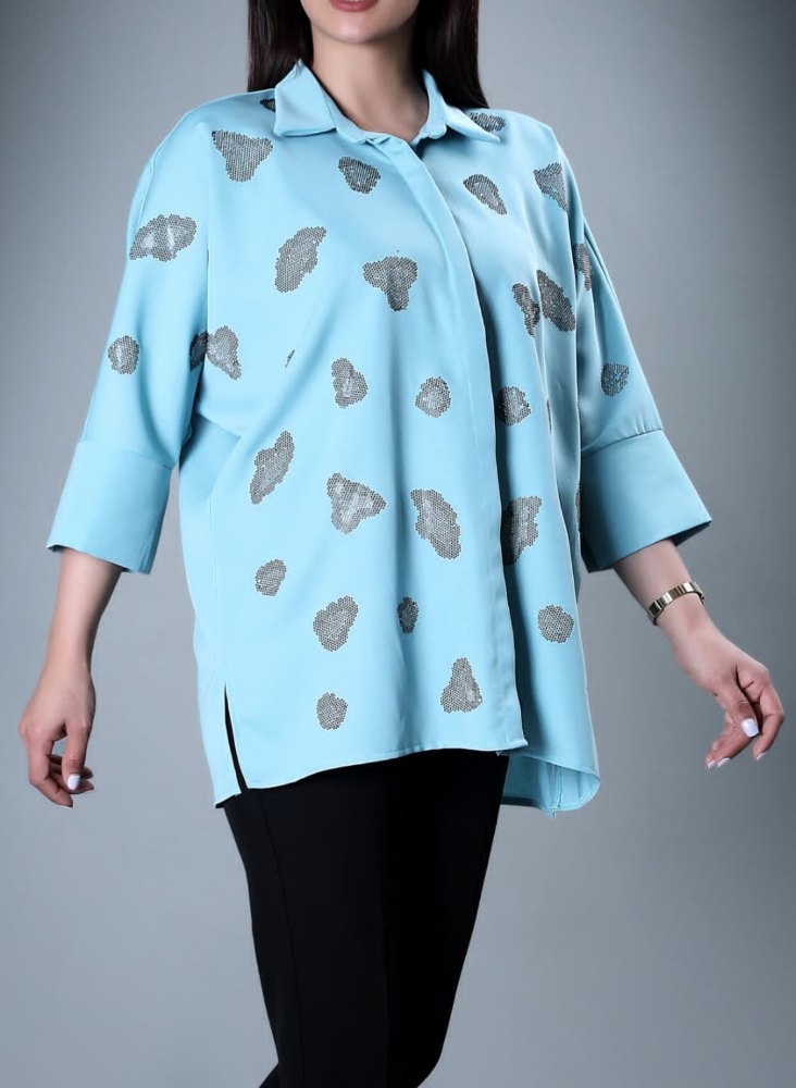 شومیز ساتن دکمه مخفی نگین کوب پلنگی سایز بزرگ کد 1655