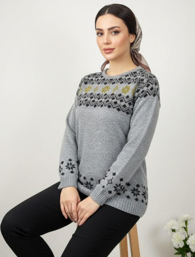 بلوز بافت یقه گرد بالا و پایین طرح لوزی و گل آستین بلند زنانه کد 0883