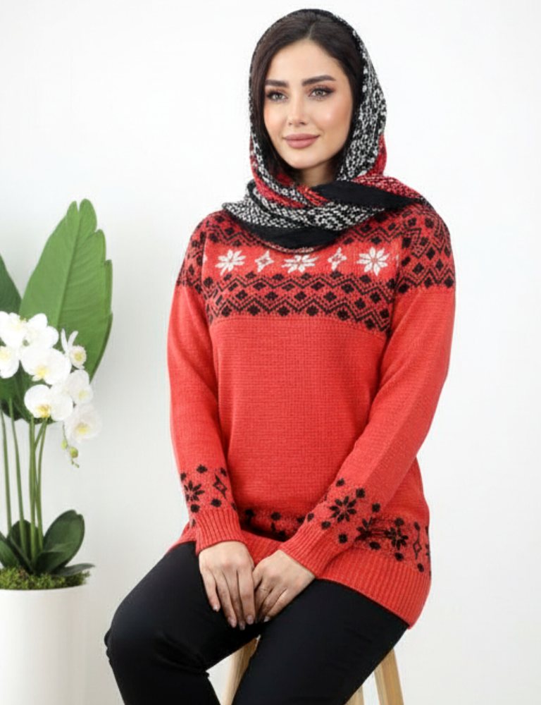 بلوز بافت یقه گرد بالا و پایین طرح لوزی و گل آستین بلند زنانه کد 0883