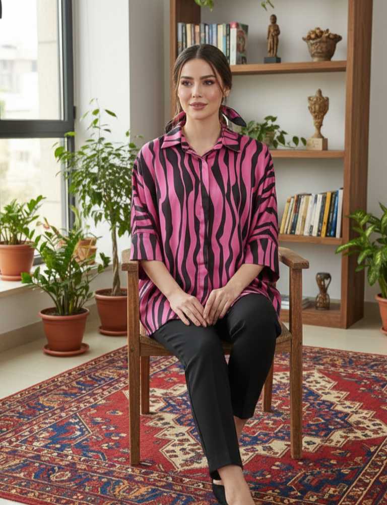 شومیز  ساتن قد بلند چاپی دکمه قاپکدار آستین سه ربع قواره آزاد زنانه کد1545