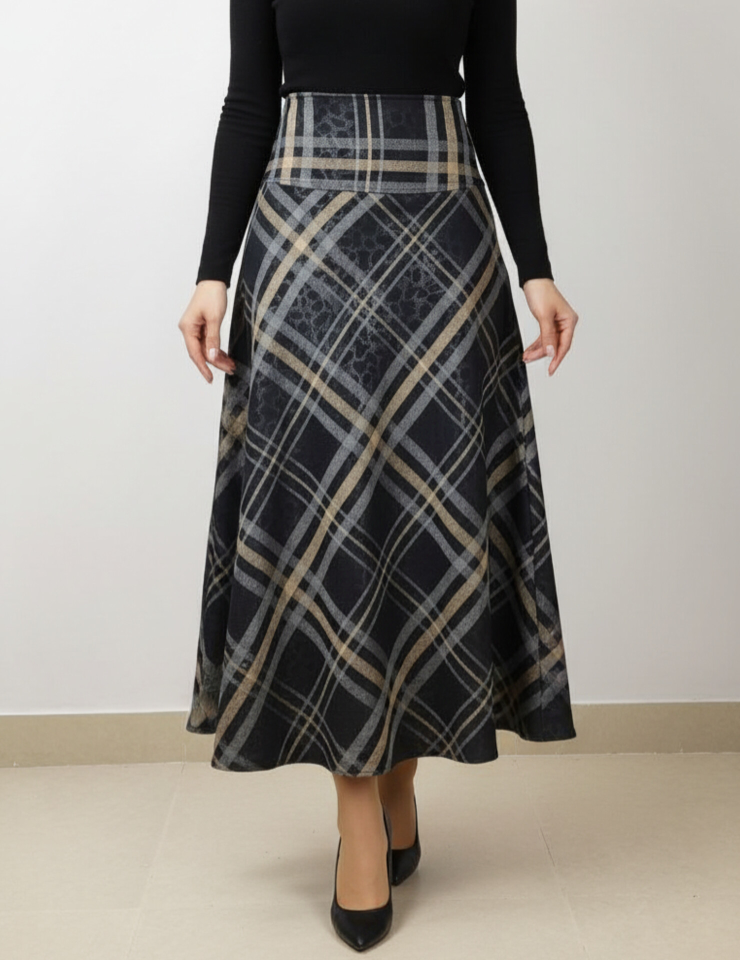 دامن بلند نیم کلوش کمر پهن بدون چاک طرح خط مورب زنانه کد 0292