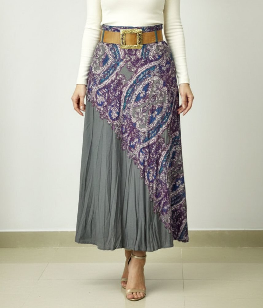 دامن بلند نخی کج راه نیم کلوش طوسی با طرح گل شمشاد آبی و ارغوانی کمربند دار کد0232