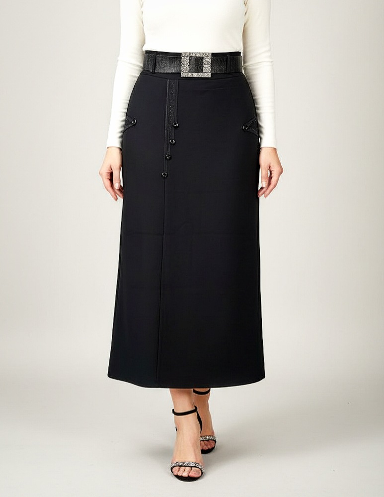 دامن راسته بلند کتان کش کمر دار زنانه مشکی قد 95 برند sakkon کد 3605