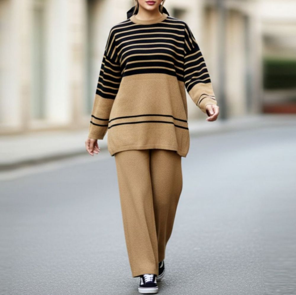 ست بافت راه راه پایین 2 خط لش یقه گرد زنانه کد 1754