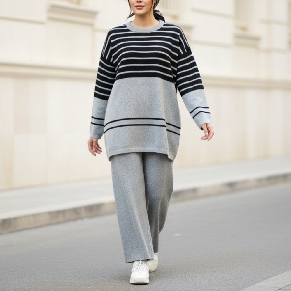 ست بافت راه راه پایین 2 خط لش یقه گرد زنانه کد 1754