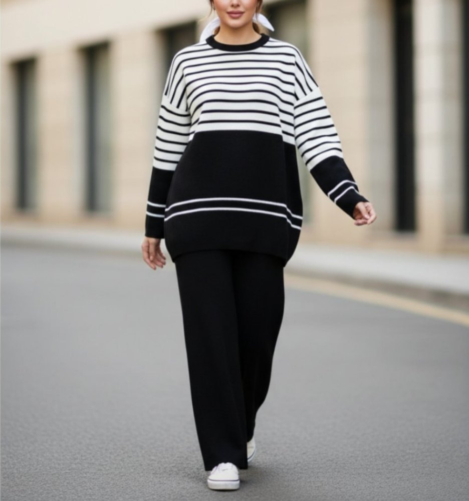 ست بافت راه راه پایین 2 خط لش یقه گرد زنانه کد 1754