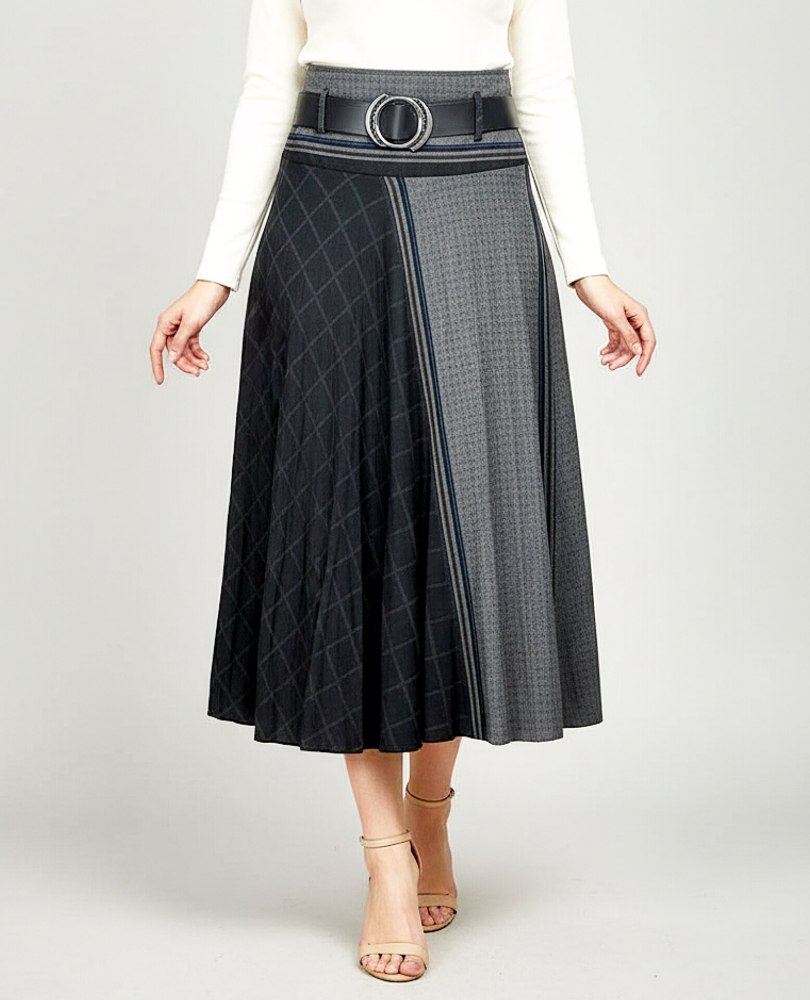 دامن بلند نیم کلوش فاستونی کج راه کمر دار طرح لوزی زنانه کد68828