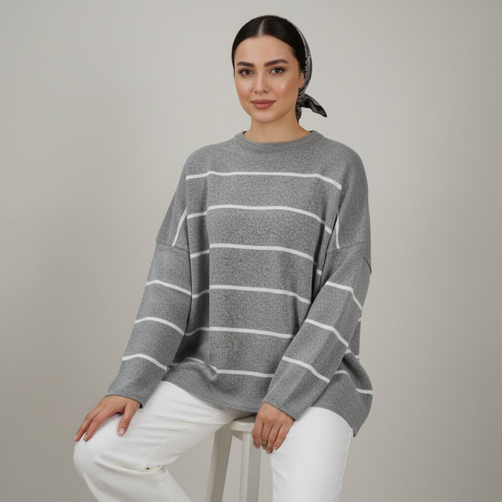 بلوز بافت راه راه ریز لش قواره دار پینترسی آستین بلند یقه گرد زنانه کد 1763