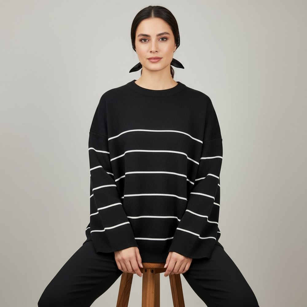 بلوز بافت راه راه ریز لش قواره دار پینترسی آستین بلند یقه گرد زنانه کد 1763