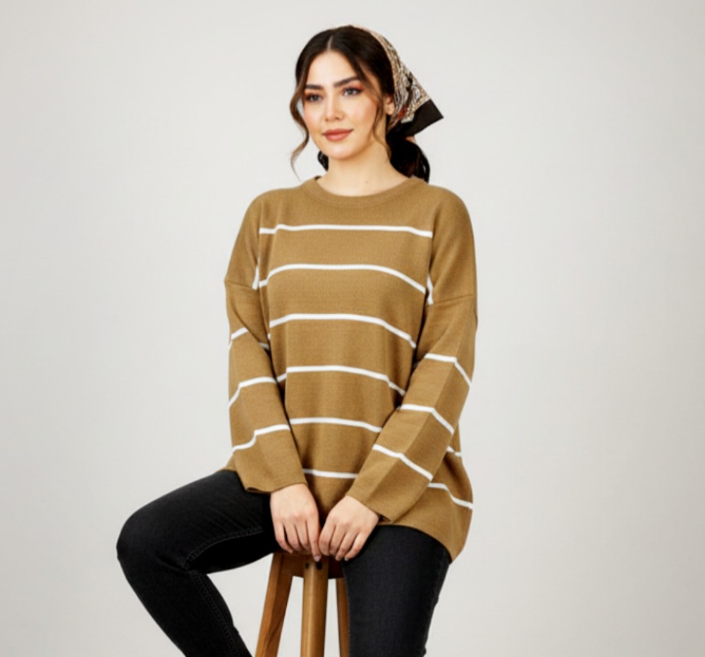 بلوز بافت راه راه ریز لش قواره دار پینترسی آستین بلند یقه گرد زنانه کد 1763