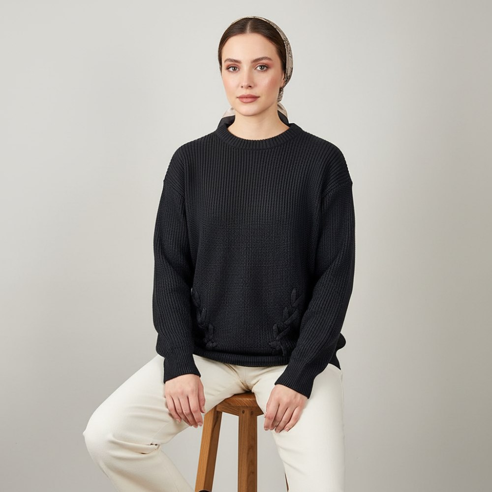 بلوز بافت جودان یقه گرد آستین بلند طرح گیس بافت زنانه کد 1459