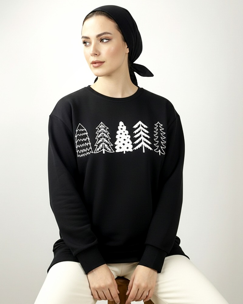 بلوز دورس پنبه مشکی تو کرک یقه گرد چاپی آستین بلند کد 1771