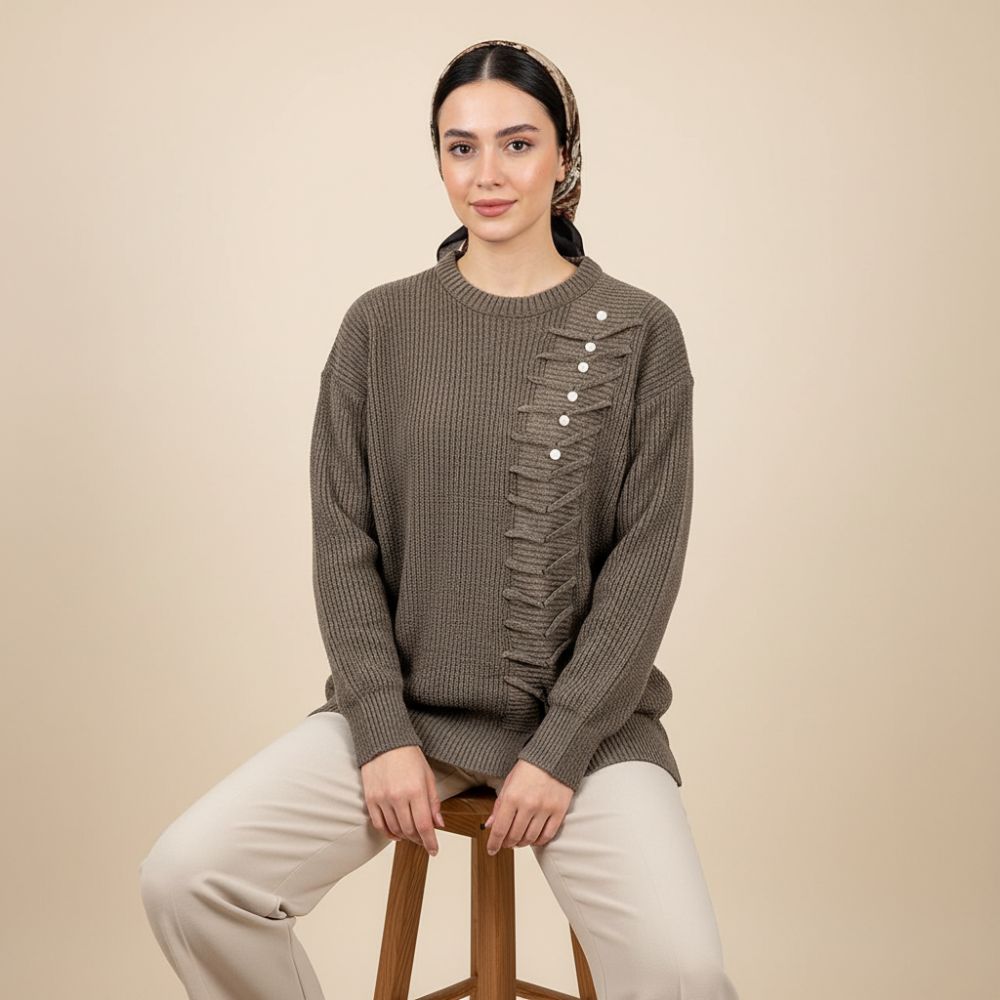 بلوز بافت یقه گرد جودان بافت آستین بلند یک طرف بند دار خرج کار مروارید زنانه کد 1574