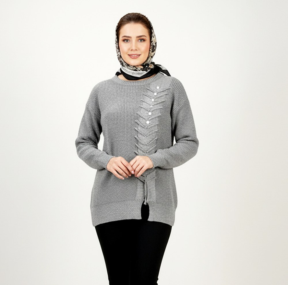 بلوز بافت یقه گرد جودان بافت آستین بلند یک طرف بند دار خرج کار مروارید زنانه کد 1574